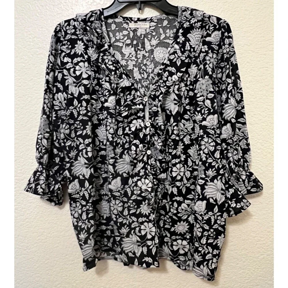PANEROS Chloe Shirt Midnight Garden Black/White Floral Ruffle Neckline Preppy L - Picture 2 of 9
